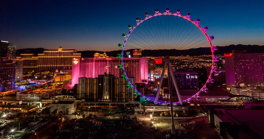 The High Roller in Las Vegas with lights at night