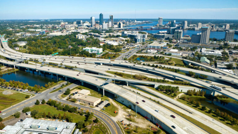 Aerial view of the highway intersection and the cityscape in Jacksonville