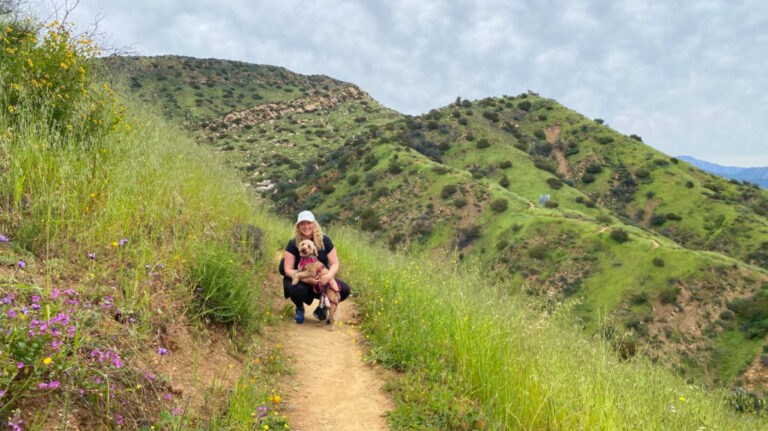 Scenic mountain trail at Valley View Preserve (Shelf Road Trailhead) with author and her dog