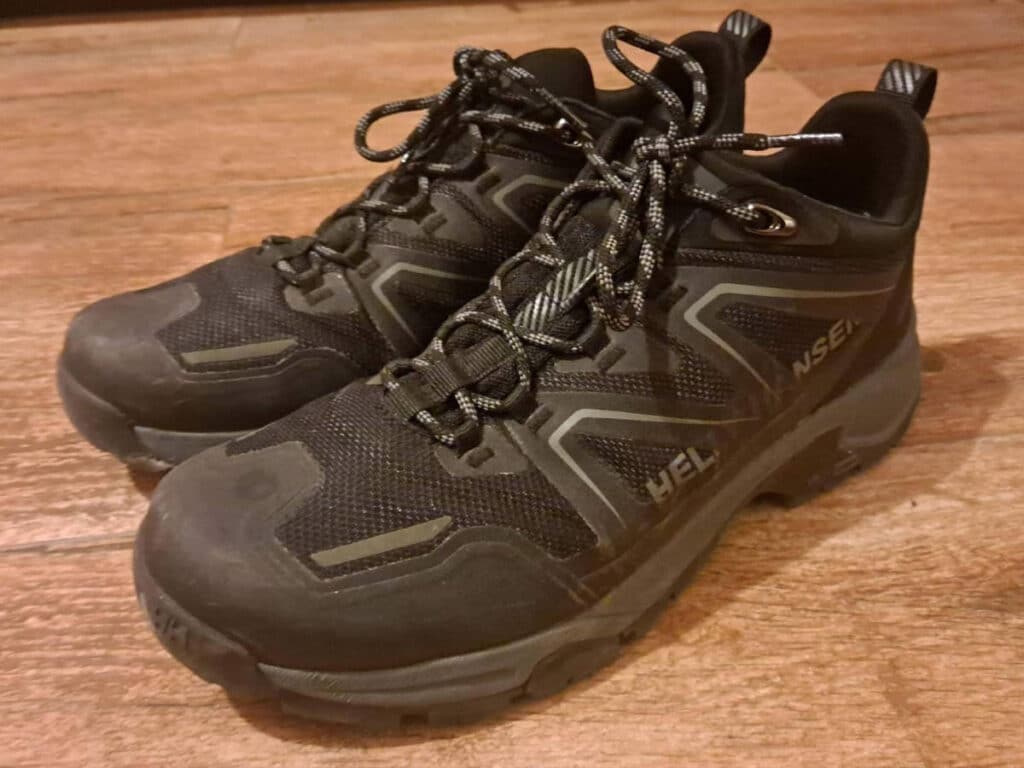 View of a hiking shoes on top of a table