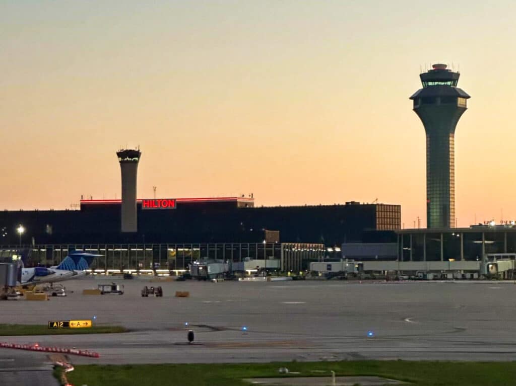 Exterior view of the Hilton Chicago O’Hare Airport at sunset