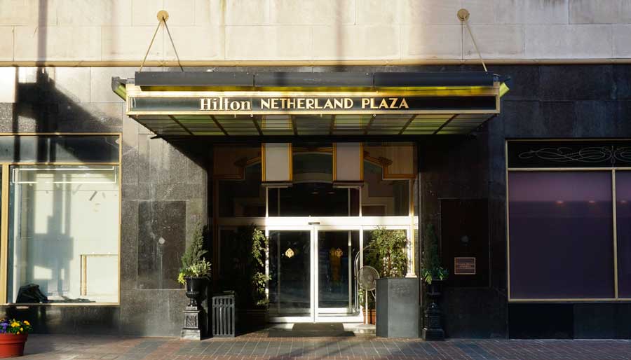 The entrance to Hilton Cincinnati Netherland Plaza