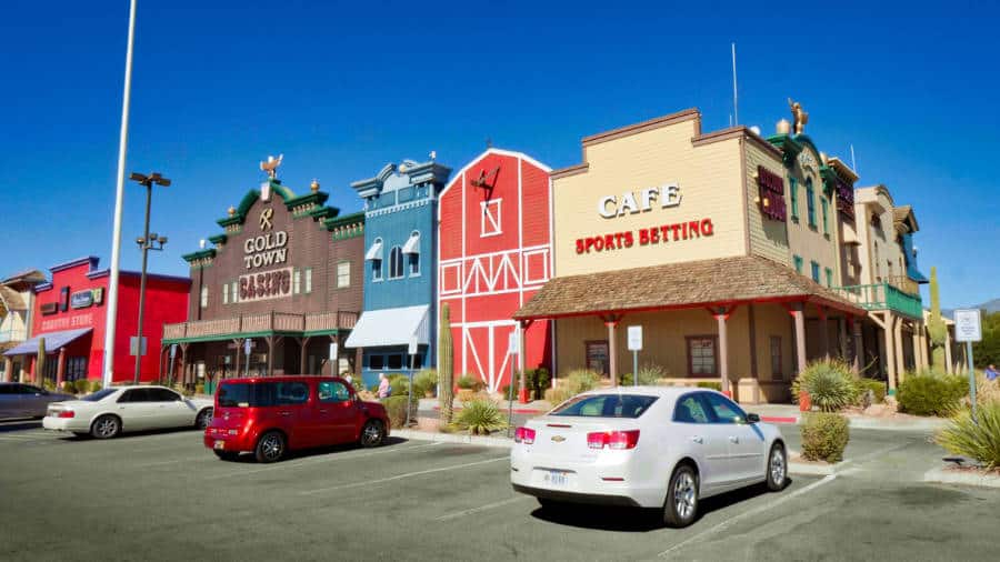 View of the colored historical saloon buildings in Pahrump