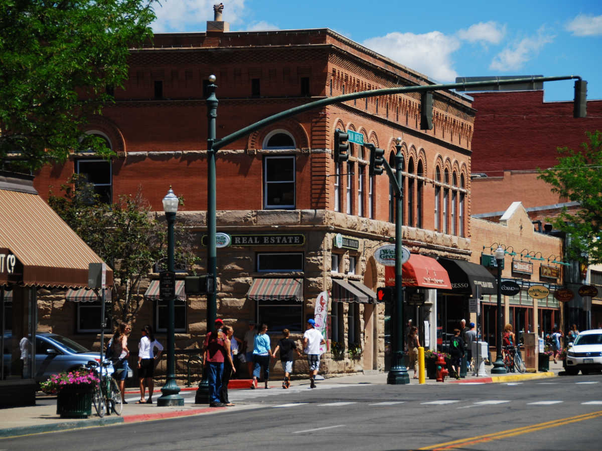 View of the historical main avenue of Downtown Durango featuring the oldest bank building in Colorado