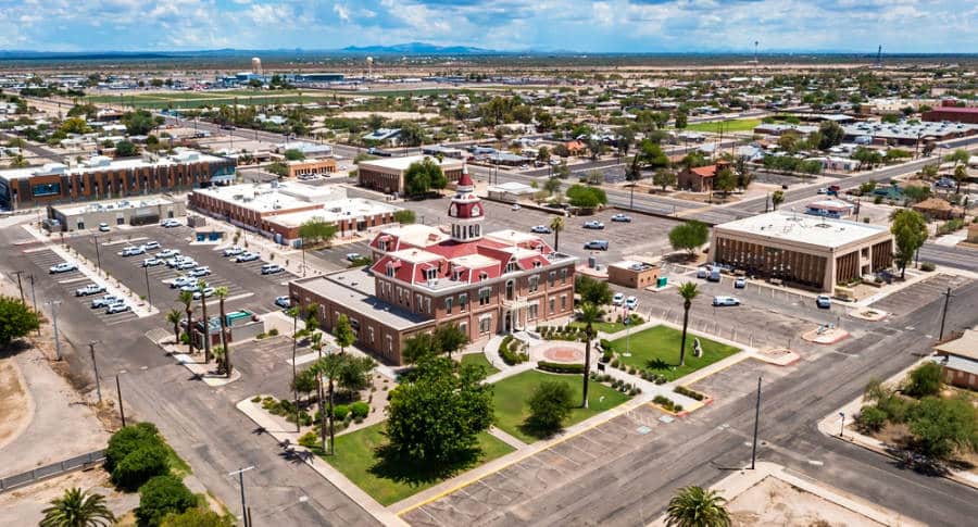 Aerial view of the neat architecture of the Historic Pinal County Courthouse in Florence.
