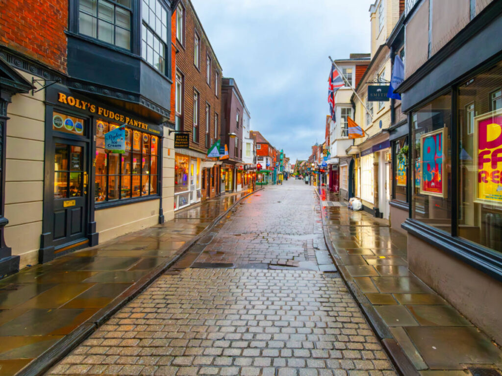 Rainy day view of the historic High Street of Salisbury