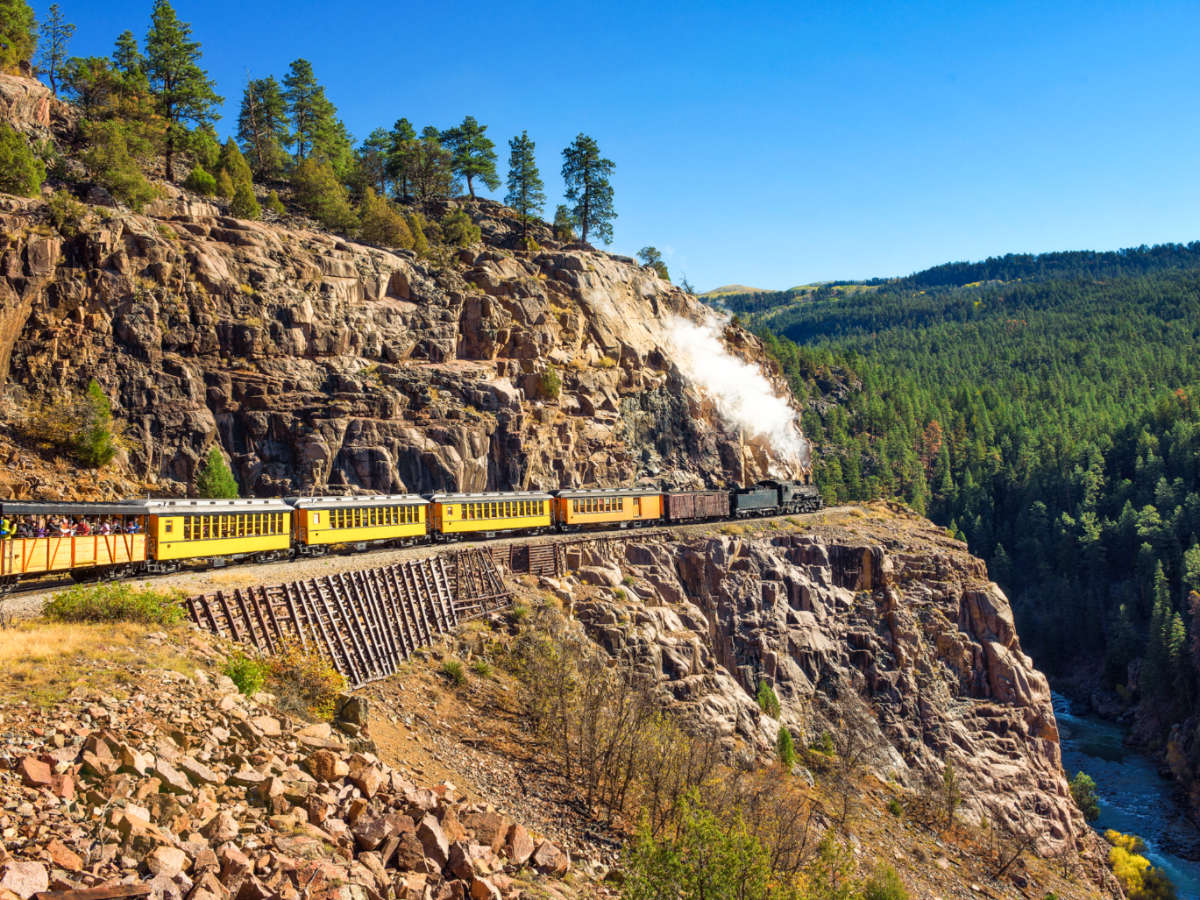 View of the historic steam engine train at the  Durango and Silverton Narrow Gauge Railroad