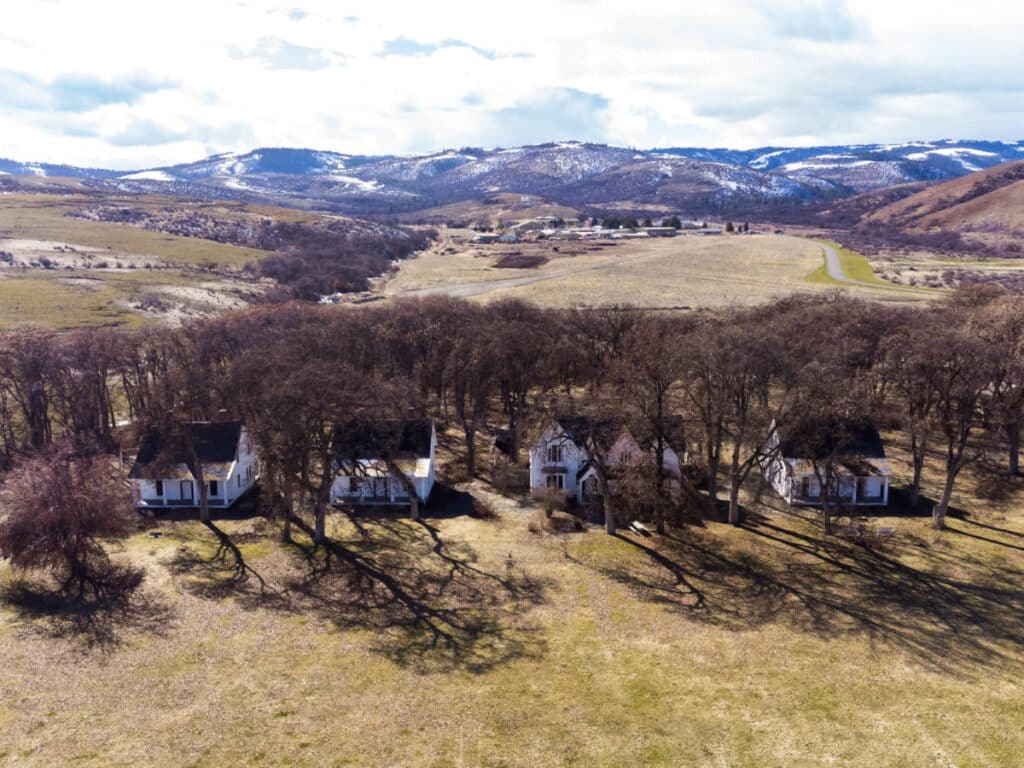 Aerial view of the historical buildings and wide landscape at Fort Simcoe