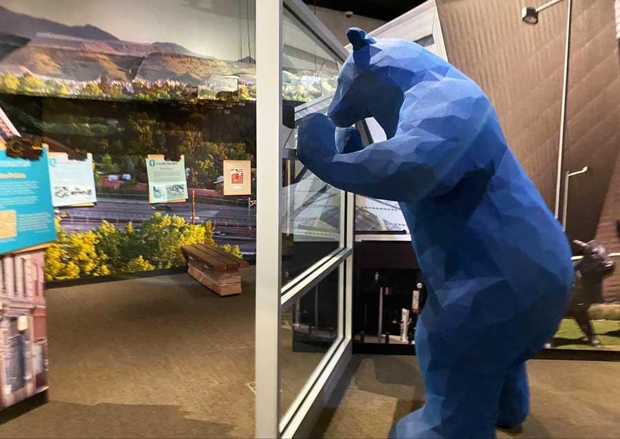 A blue bear displayed inside the History Colorado Museum