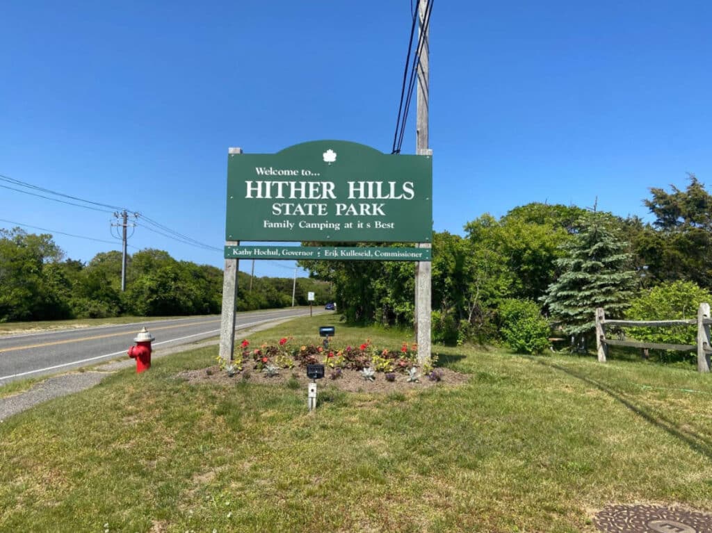 Clear blue sky over the Hither Hills State Park signage