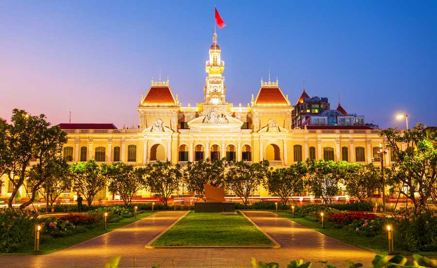 View of the illuminated Ho Chin Minh City Hall at night
