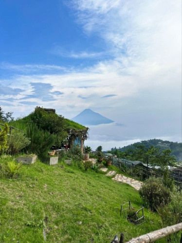 View of the hobbit house with the Agua Volcano in the background