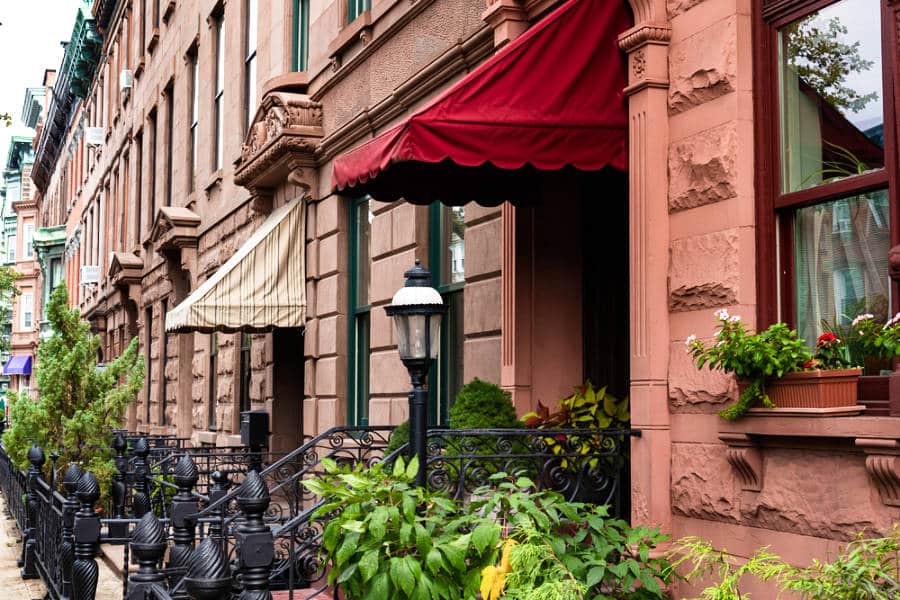 A street of old brick Brownstone Homes in Hoboken, New Jersey