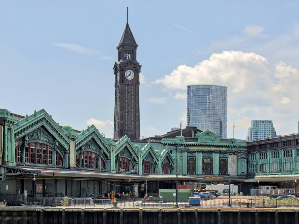 View of the clocktower behind the Hoboken Terminal