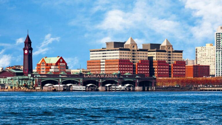 Hoboken cityscape waterfront view of Hudson River on a sunny day