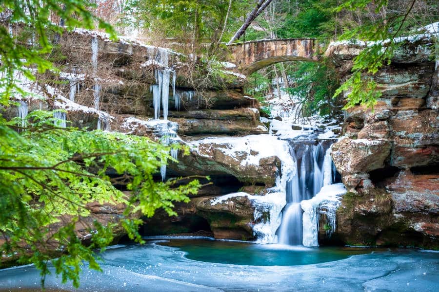 View of the frozen waterfalls in Hocking Hills State Park