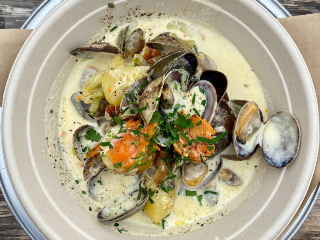 The seafood chowder on a bowl served in Hog Island Oyster Co.