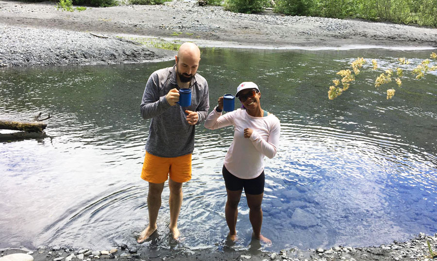 View of the author and her husband enjoying their hot cocoa in Hoh River