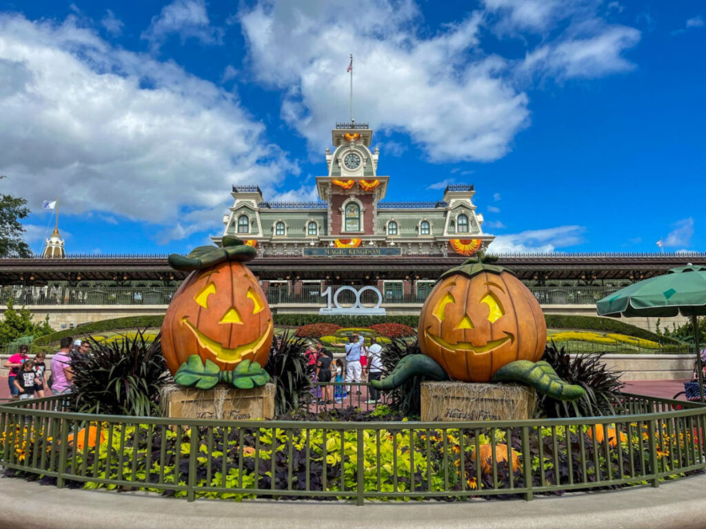 Halloween-themed celebration at Disney World, featuring Jack-o'-lanterns