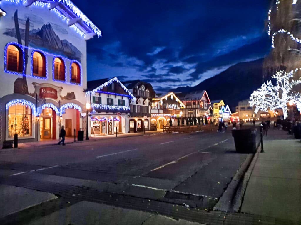 View of the holiday decors on the buildings at night