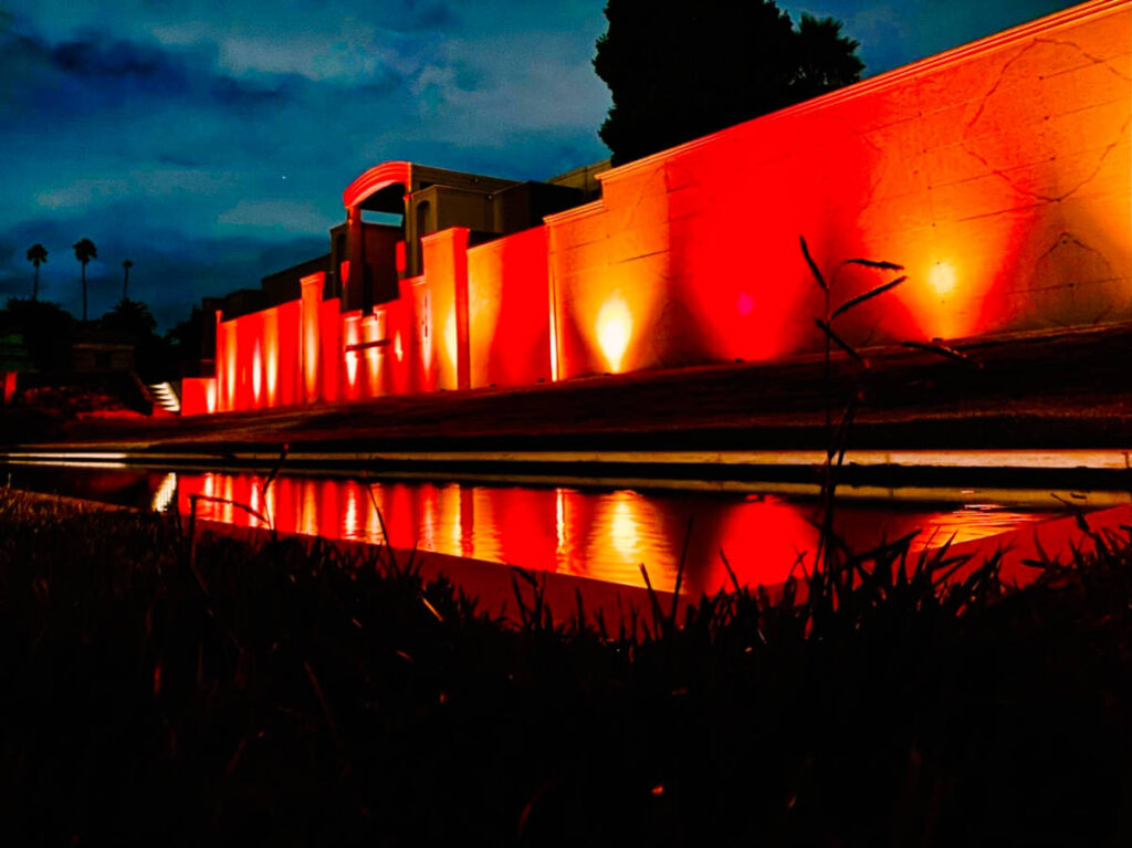 The lights outside the Hollywood Forever Cemetery illuminated at night