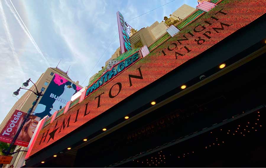 View of Hamilton screening time in Hollywood Pantages Theatre