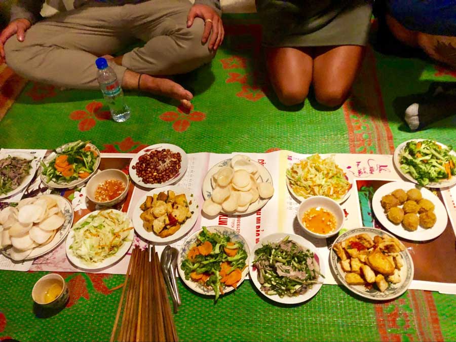 A homemade dinner served in a hostel in Vietnam