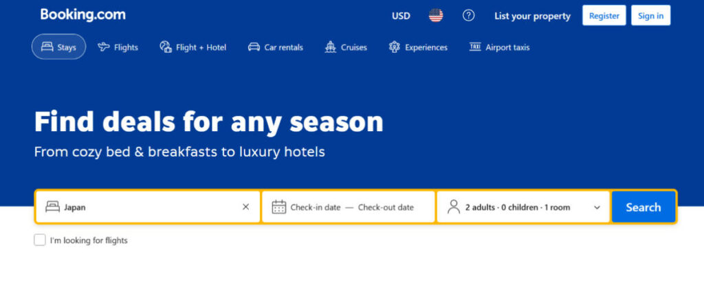 The homepage of Booking.com