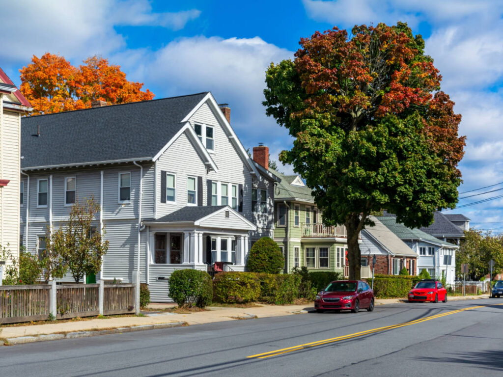 View of the fall foliage around the houses in Brighton