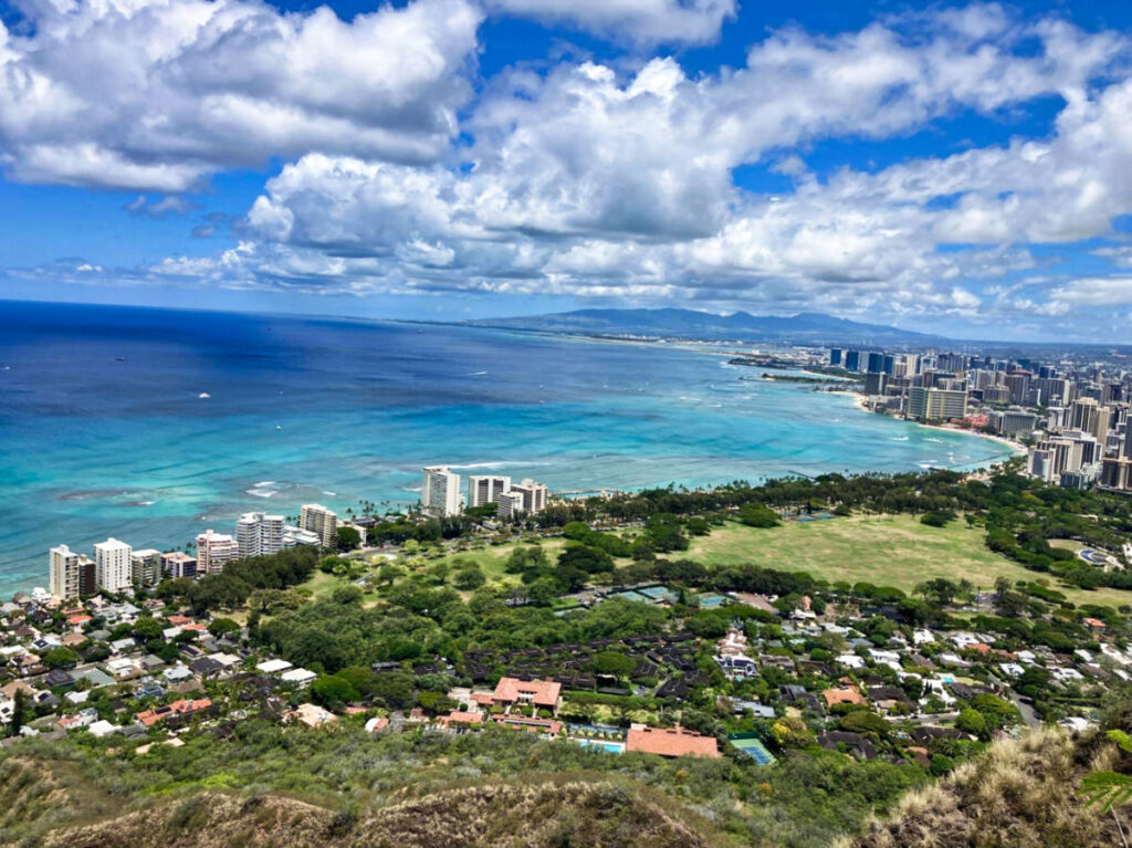 Aerial view of the beachfront Honolulu from the Diamond Head