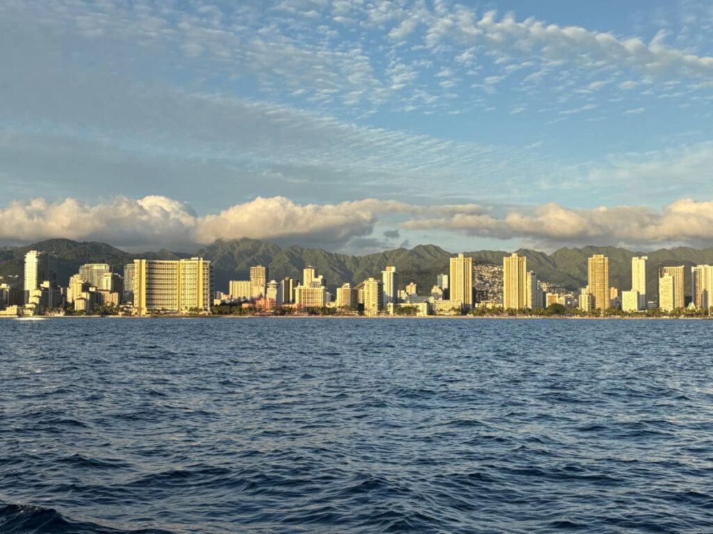 Panoramic view of the Honolulu skyline from across the water