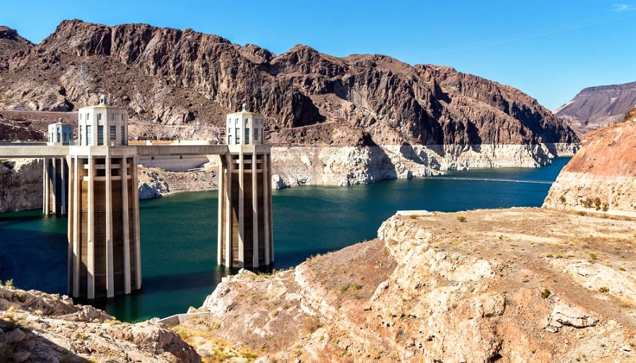 View of the Lake Mead from Hoover Dam and penstock towers