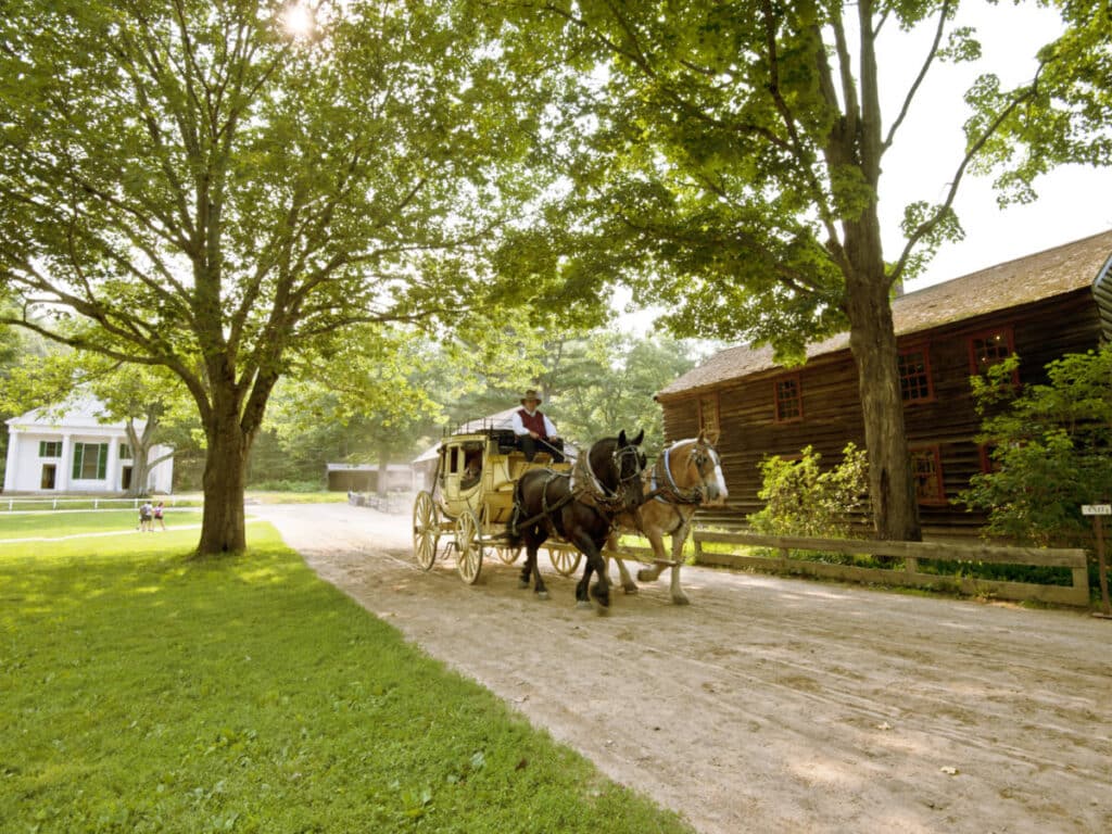 A man riding a horse carriage at the Sturbridge Village