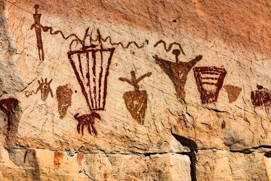 Closeup view of the ancient pictographs rock art in The Horseshoe Panel