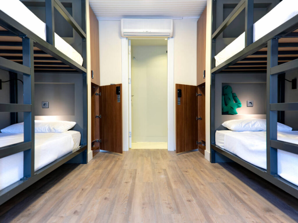 Bunk bed inside a hostel dorm room