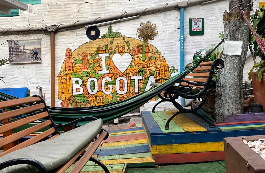 A colorful art work on a wall in a hostel in Bogota