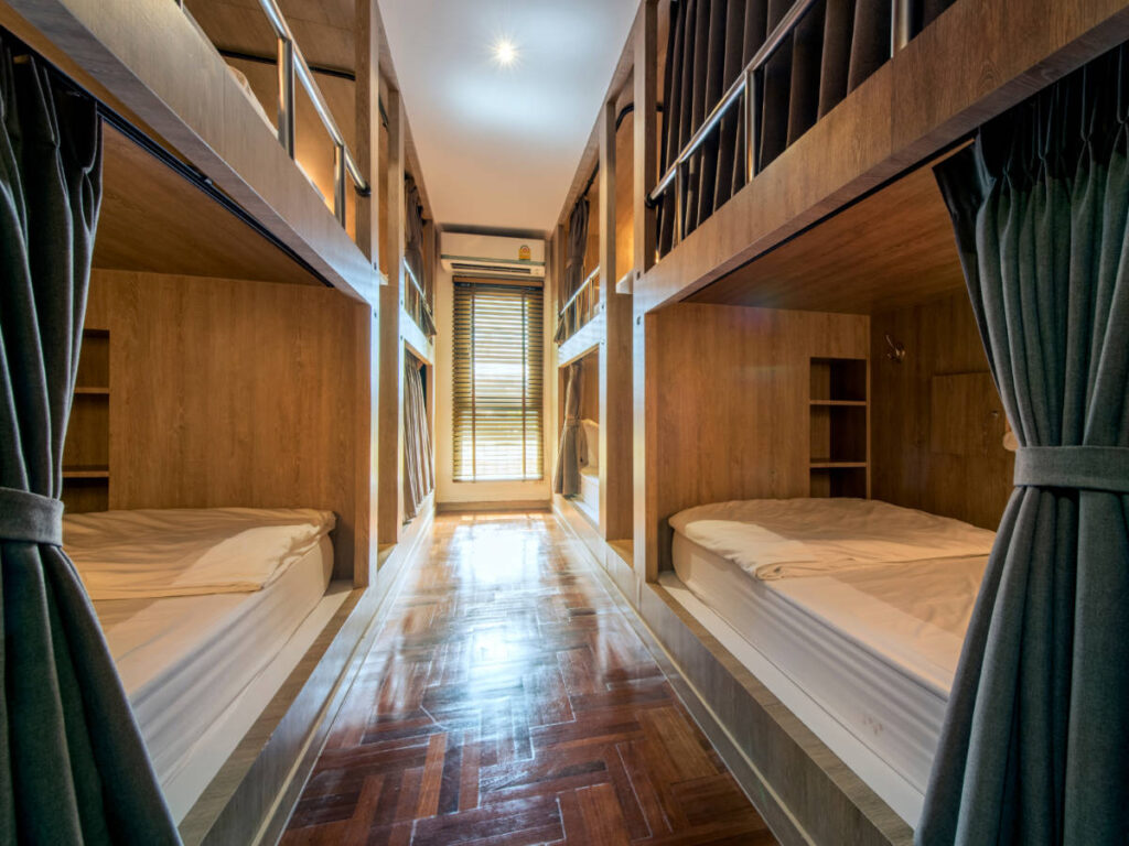 View of beds on a hostel room