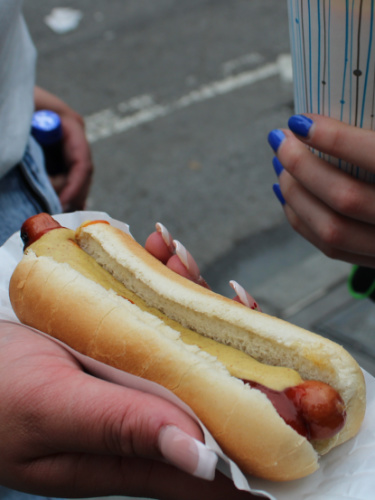 Closeup look of the hot dog from Gray’s