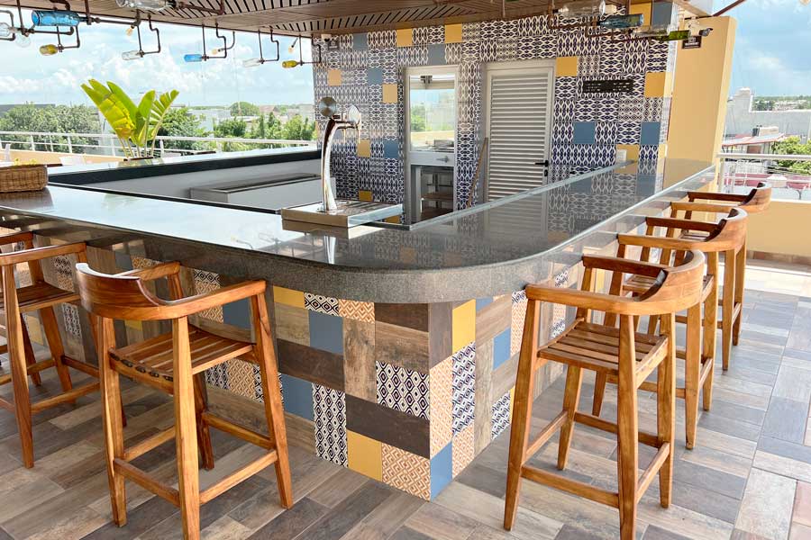 The bar counter at the rooftop of Hotel Biwa Tulum