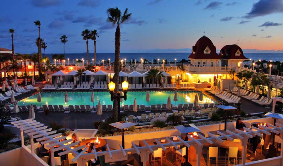 View from the pool area of Hotel Del Coronado at night