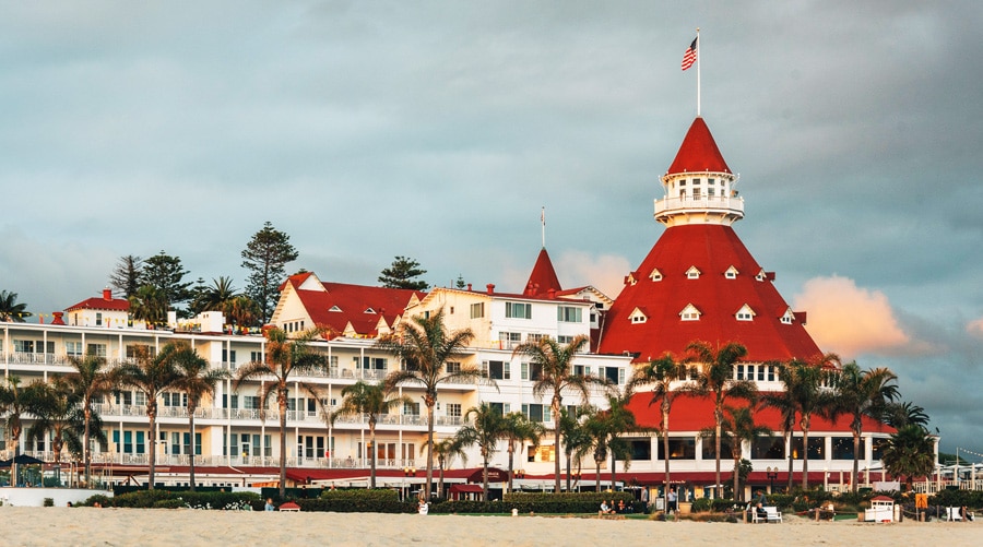View of the Hotel del Coronado and the white sand by the beach