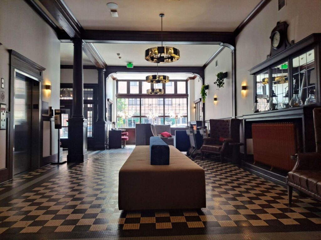 The lobby at Hotel Indigo adorned with checkered floors
