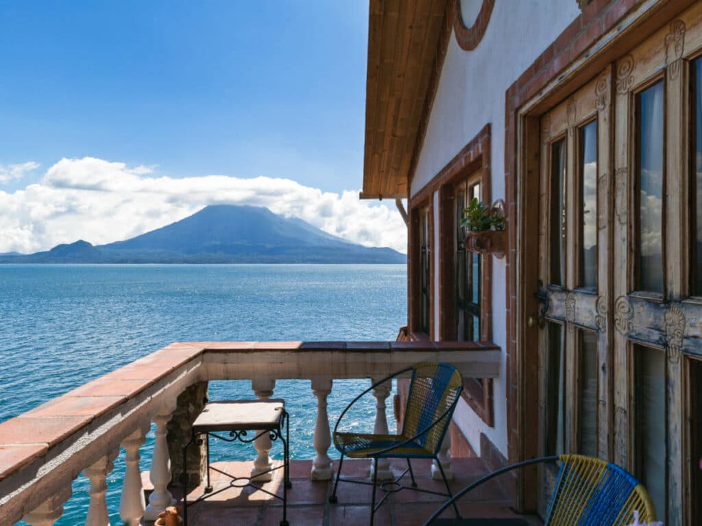 View of the Lake Atitlan and the volcano from Hotel La Casa del Mundo