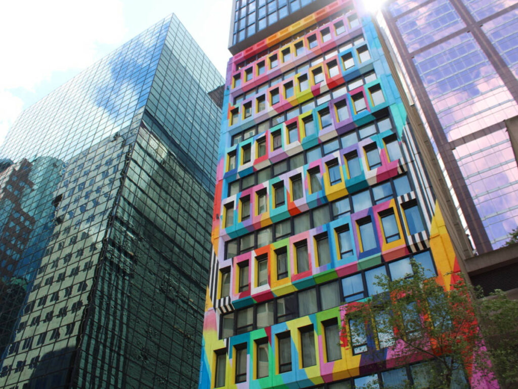 View of the Colorful exterior of Hôtel Le Germain in Downtown Montréal