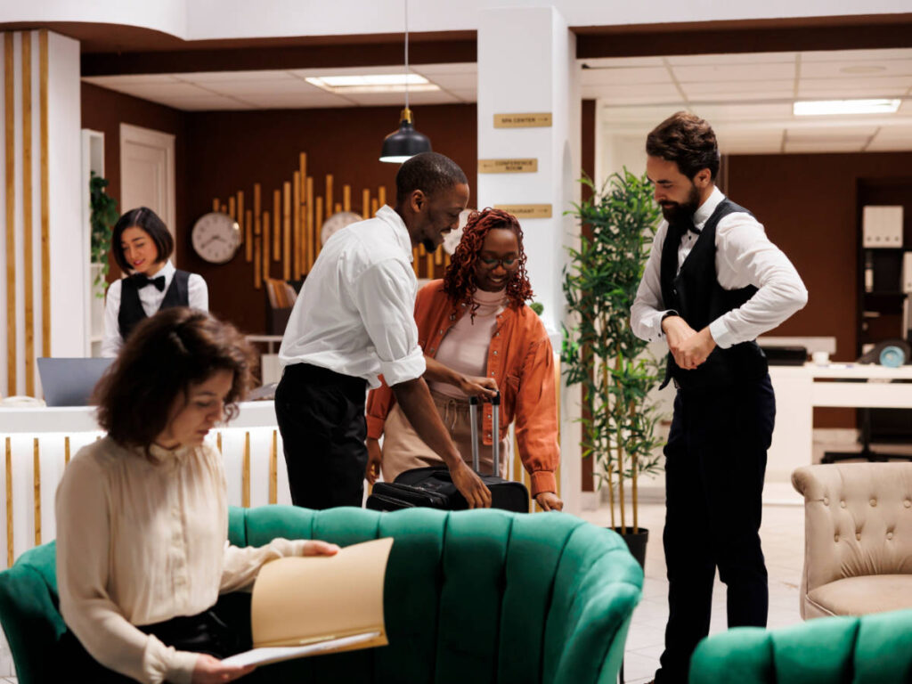 Guests and staffs on a hotel lobby