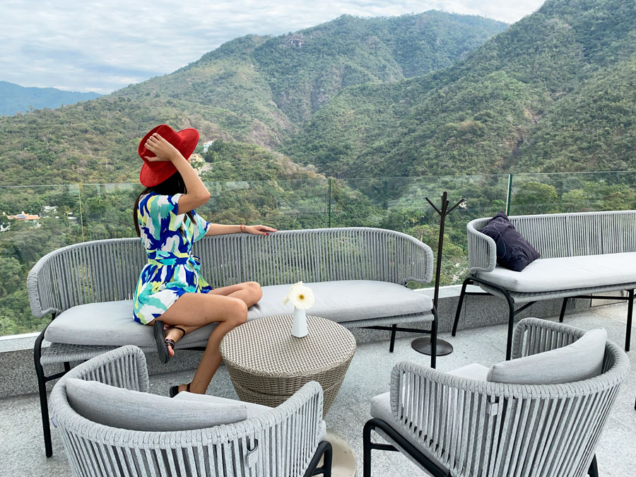 Clara admiring the view from the rooftop of Hotel Mousai