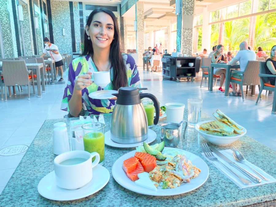 Clara enjoying her breakfast meal in Hotel Riu Yucatan