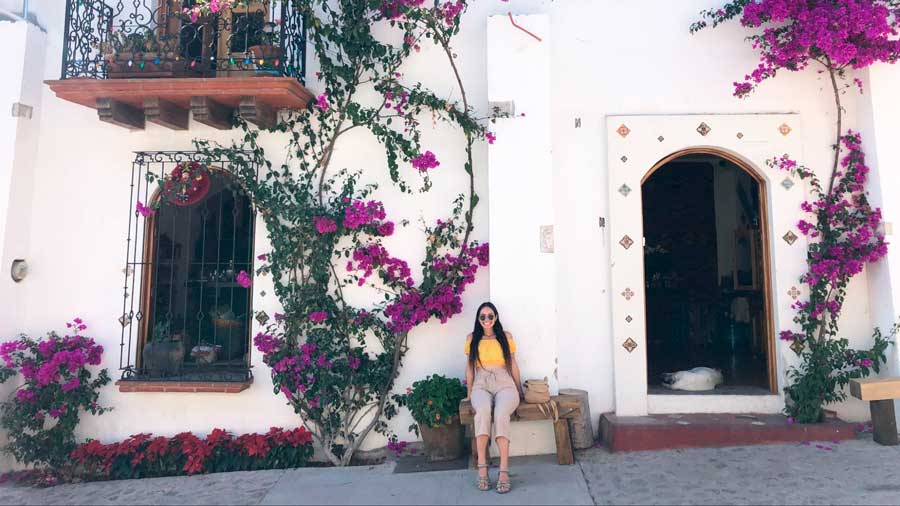 The author sitting outside a hotel in Teotitlán del Valle