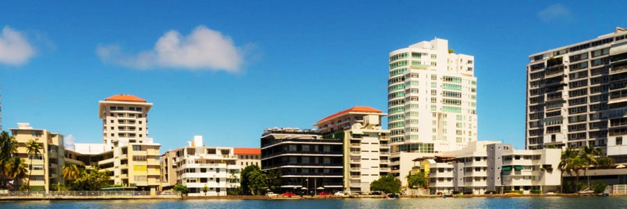 Panoramic view of hotel buildings from the Condado Lagoon