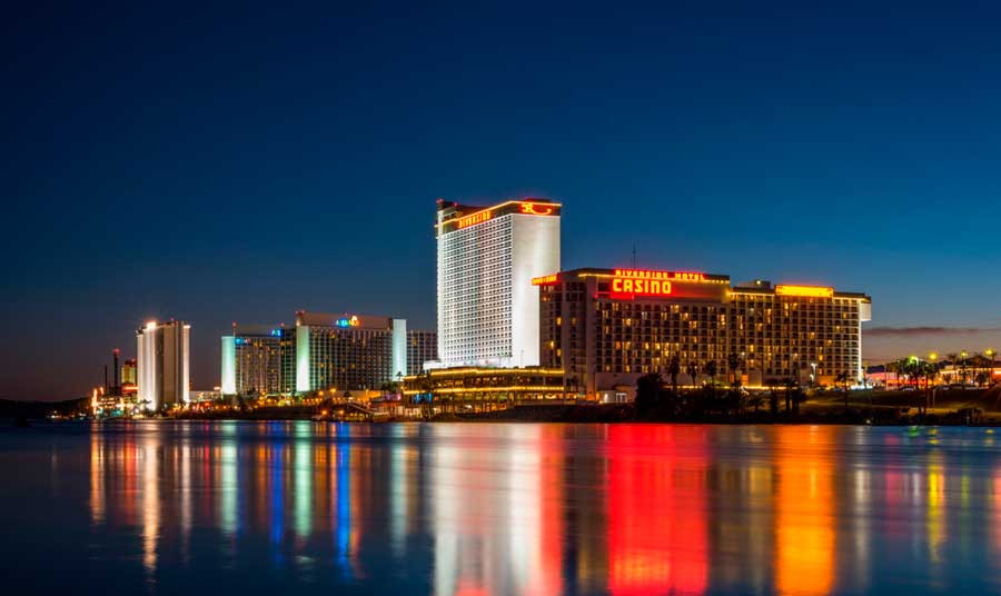 View of hotels in Nevada from afar with lights during night time